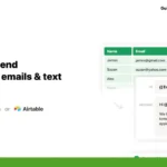 Screenshot of PostSheet's web interface, featured on Product Hunt, showing integration options with Google Sheets and Airtable, along with a message template to send personalized emails and text messages as part of its comprehensive Email & SMS Solution.