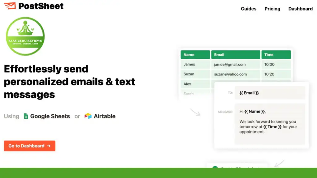 Screenshot of PostSheet's web interface, featured on Product Hunt, showing integration options with Google Sheets and Airtable, along with a message template to send personalized emails and text messages as part of its comprehensive Email & SMS Solution.