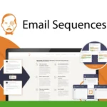 A computer screen displays a Cold Email Outreach Toolkit, with various email templates and a mascot logo shown. "100% Effective Email Sequences" is prominently written in the middle of the image.