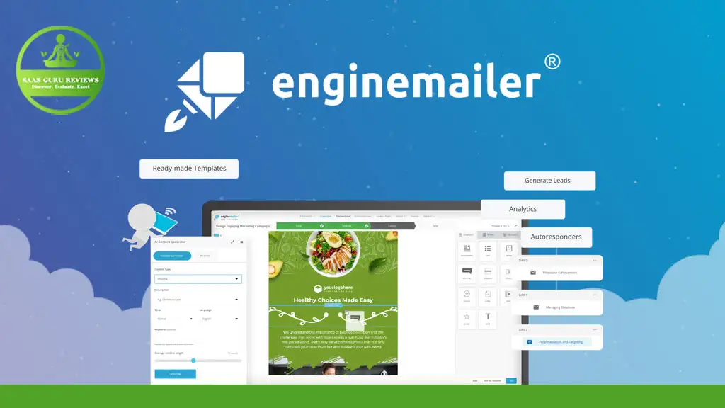Screenshot of EngineMailer email marketing platform, showcasing its interface with features like ready-made templates, analytics, lead generation, and autoresponders. Comparable to ActiveCampaign, it includes a robust Subscription Preference Center for enhanced user engagement.