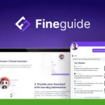 Image showing a computer screen with a website demonstrating how to create and use the AI Assistant "FineGuide.ai". The screen features steps and a chat interface, all on a purple background, illustrating a seamless workflow transformation.