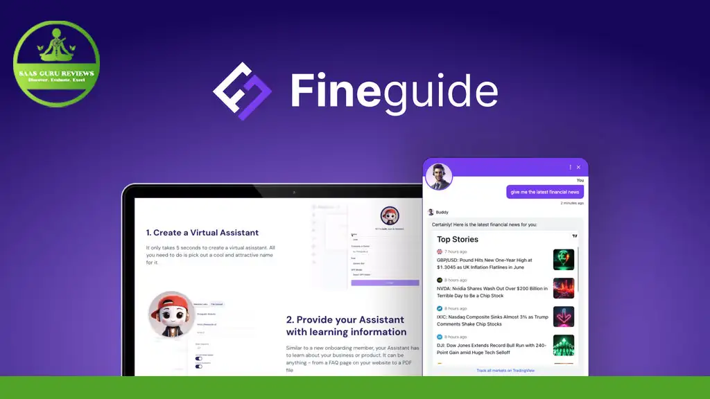 Image showing a computer screen with a website demonstrating how to create and use the AI Assistant "FineGuide.ai". The screen features steps and a chat interface, all on a purple background, illustrating a seamless workflow transformation.