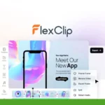 Screenshot of the FlexClip 2024 video editing interface with a mobile phone mockup. Various editing options like Freeze Frame and Reverse Video are displayed on the right side of the screen, showcasing why it's hailed in numerous FlexClip reviews as the ultimate video editor.