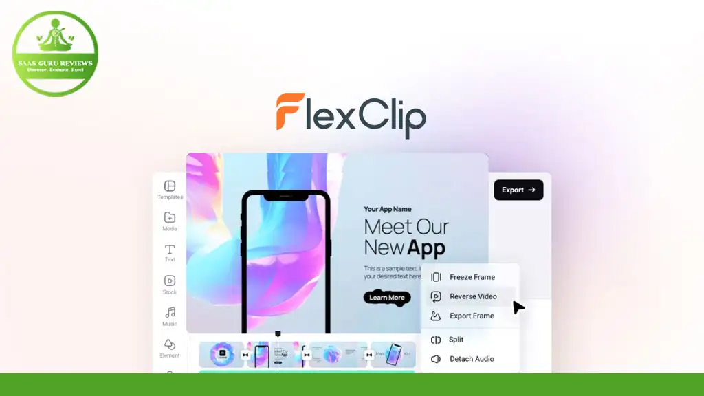 Screenshot of the FlexClip 2024 video editing interface with a mobile phone mockup. Various editing options like Freeze Frame and Reverse Video are displayed on the right side of the screen, showcasing why it's hailed in numerous FlexClip reviews as the ultimate video editor.