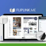 A laptop displays an open online magazine with furniture content, enhanced by Fliplink.me's seamless PDF to Flipbooks technology. There are pop-up elements, including a lead capture form. The top left corner shows a green logo with "ASOS GUIDE REVIEWS.