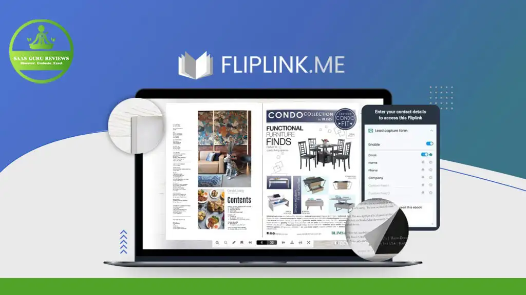 A laptop displays an open online magazine with furniture content, enhanced by Fliplink.me's seamless PDF to Flipbooks technology. There are pop-up elements, including a lead capture form. The top left corner shows a green logo with "ASOS GUIDE REVIEWS.