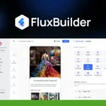 A screenshot of the FluxBuilder interface by InspireUI displays various design options, settings, and a preview of a mobile app featuring a couture ball gown made of colored pencils. Create Mobile App seamlessly with these intuitive tools.