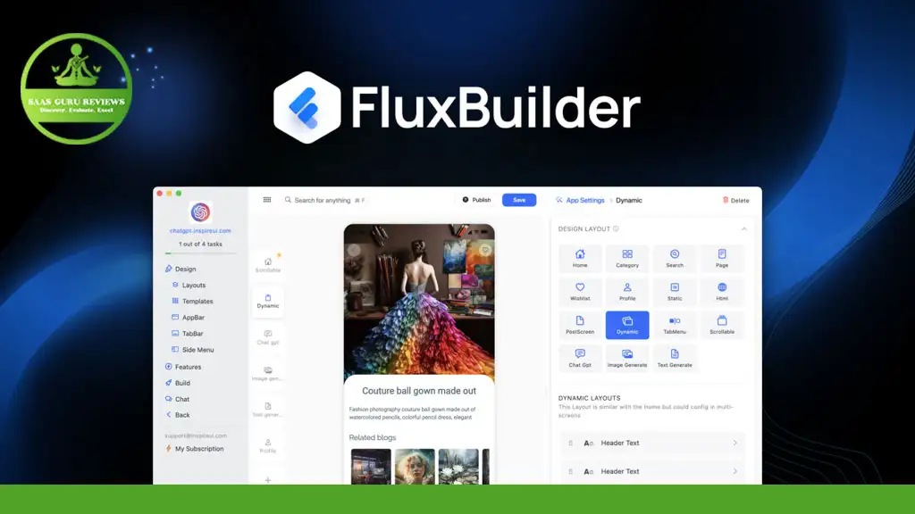 A screenshot of the FluxBuilder interface by InspireUI displays various design options, settings, and a preview of a mobile app featuring a couture ball gown made of colored pencils. Create Mobile App seamlessly with these intuitive tools.