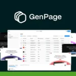 Screenshot of the GenPage platform, showcasing various user interface screens and a central dashboard with leads, notifications, and settings. The BAS CUX Reviews logo is displayed in the top left corner. Additionally, custom landing pages can be tailored to fit specific user needs.