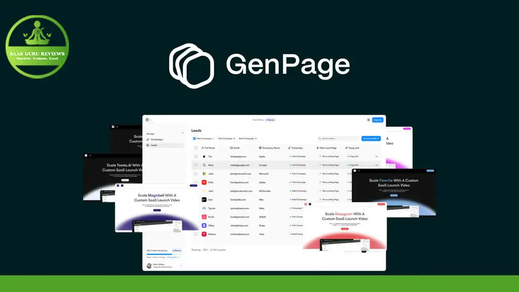 Screenshot of the GenPage platform, showcasing various user interface screens and a central dashboard with leads, notifications, and settings. The BAS CUX Reviews logo is displayed in the top left corner. Additionally, custom landing pages can be tailored to fit specific user needs.