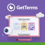 A website mockup on a purple background with the text "GetTerms" at the top showcases an exclusive tool for generating privacy policies. A badge in the top left corner reads "AAA GGR Reviews," highlighting the GetTerms Lifetime Deal.