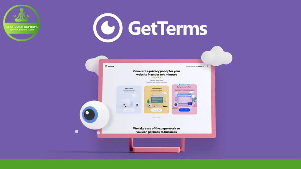 A website mockup on a purple background with the text "GetTerms" at the top showcases an exclusive tool for generating privacy policies. A badge in the top left corner reads "AAA GGR Reviews," highlighting the GetTerms Lifetime Deal.