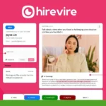 Screenshot of the Hirevire 2024 interface featuring a notes section, video sharing option, applicant profile with photo, and AI-generated transcripts for quick search. Text promoting collaborative and AI features. Check out Hirevire Reviews to see why it's the ultimate screening tool for recruiters!
