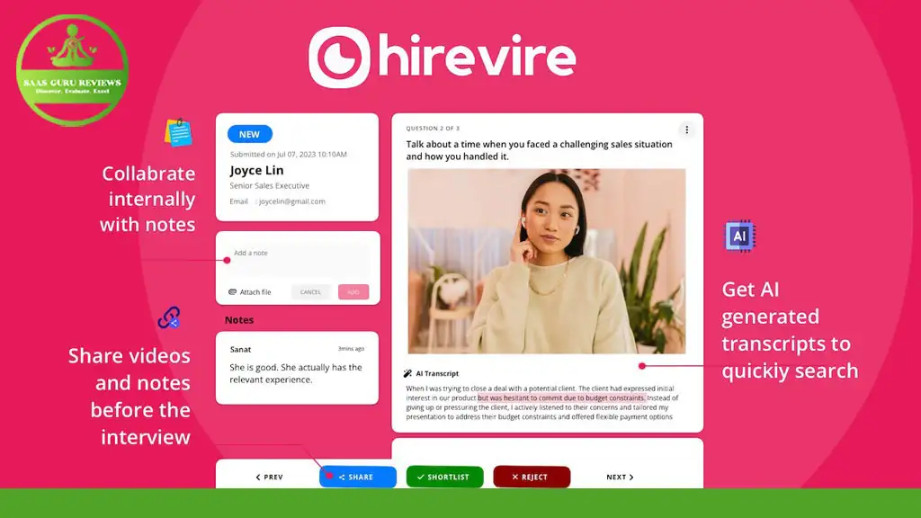 Screenshot of the Hirevire 2024 interface featuring a notes section, video sharing option, applicant profile with photo, and AI-generated transcripts for quick search. Text promoting collaborative and AI features. Check out Hirevire Reviews to see why it's the ultimate screening tool for recruiters!