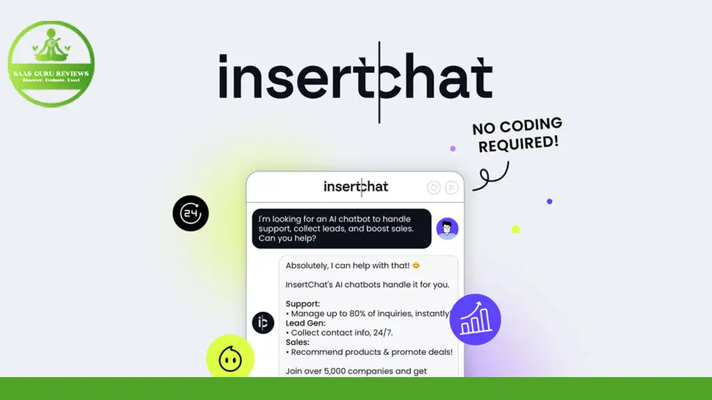 An advertisement for InsertChat, showcasing a chat interface for handling support, leads, and sales inquiries with the caption "NO CODING REQUIRED!" and the text "KAS OUR REVIEWS Solves your problem now!" in a green logo. Don't miss our Exclusive Lifetime Deal!