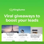 Green background with the "KingSumo" logo. Text reads: "Viral giveaways to boost your leads." As a savvy KingSumo promotion manager, oversee entries like a Paris trip, a bicycle win, and a book contest.