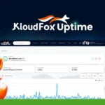 Screenshot of Kloudfox Uptime Monitoring showing a website monitoring dashboard with performance metrics and a fox character on the left. A green circular logo is visible in the top left corner.
