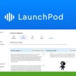 Screenshot of the LaunchPod AI user interface showcasing options to generate podcast content with tabs for Content, Music, and Voices. Various sections include “Review Chapters,” “Generate Chapters,” and “Generate Script.” Experience the future of innovation in podcast creation.
