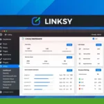 Screenshot of the Linksy dashboard displaying various metrics and data points related to link status, SEO performance, post and author details, word count averages, and keyword ranking.