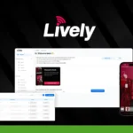 Screenshot showcasing the interface of the "Lively" app on a desktop and smartphone, featuring shoppable videos for more engaging content, with a logo for Bias Guru Reviews in the top left corner and lists of products/orders on the desktop screen.