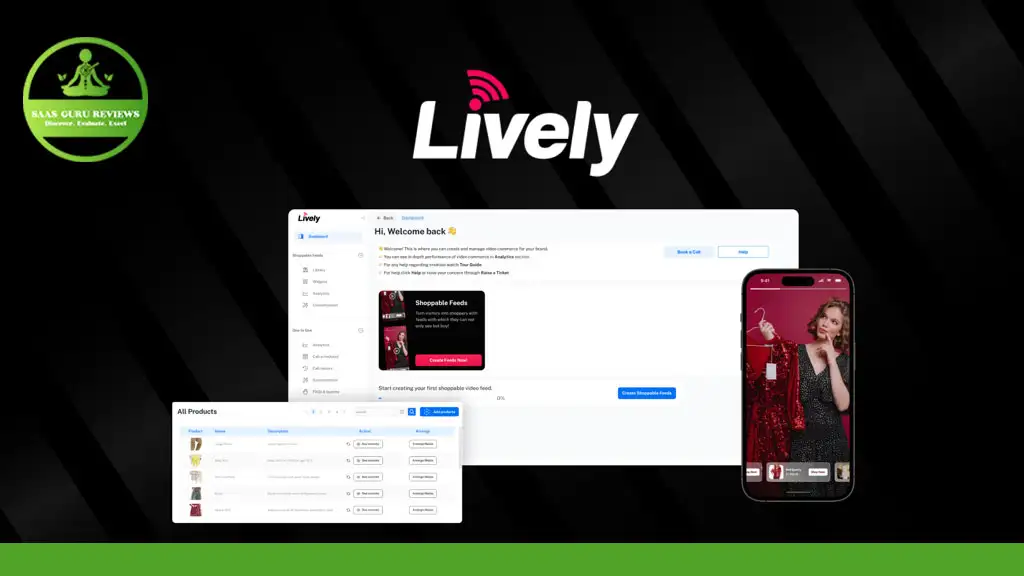 Screenshot showcasing the interface of the "Lively" app on a desktop and smartphone, featuring shoppable videos for more engaging content, with a logo for Bias Guru Reviews in the top left corner and lists of products/orders on the desktop screen.