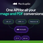 MarkupGo advertisement: "One API for all your High-Quality PDF Conversions" with icons for URL, HTML, and Template. Options for PDF and Image outputs shown. MarkupGo Lifetime Deal promotion banner in the top left corner.