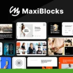 A collage of various modern web and social media templates under the "MaxiBlocks" brand, showcasing diverse designs and themes perfect for creating professional websites using the WordPress Page Builder.