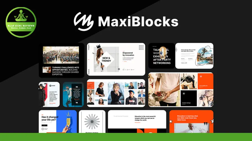 A collage of various modern web and social media templates under the "MaxiBlocks" brand, showcasing diverse designs and themes perfect for creating professional websites using the WordPress Page Builder.