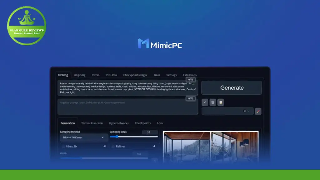 A screenshot of the MimicPC software interface showing various controls and settings for text and image generation, including a "Generate" button on the right. Experience a user-friendly AI workflow with seamless functionality in every feature.