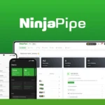 A green background displays the NinjaPipe logo above smartphone, tablet, and laptop screenshots showcasing its AI Powered App interface with contacts, tasks, and a dashboard.