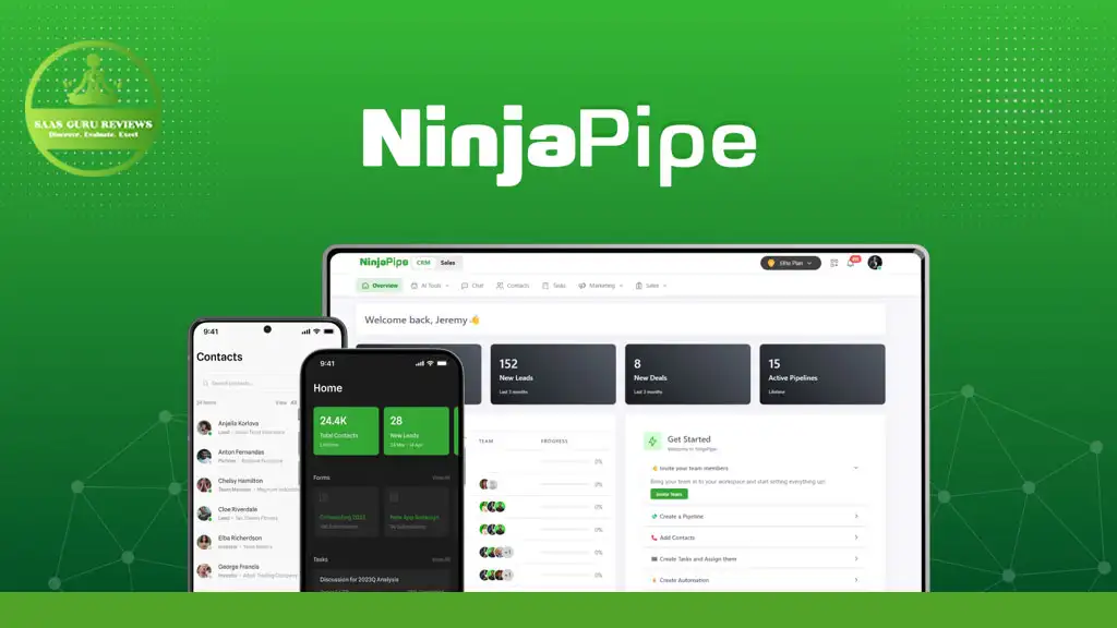 A green background displays the NinjaPipe logo above smartphone, tablet, and laptop screenshots showcasing its AI Powered App interface with contacts, tasks, and a dashboard.