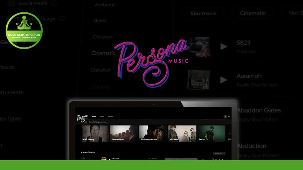 A logo with the text "Persona Music" in a decorative font at the center and a website interface showcasing Hollywood Studio Quality Tracks below. A green logo in the upper left corner reads "Balas Guru Reviews." Don't miss out on this Lifetime Deal!
