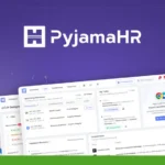 Screenshot of PyjamaHR software interface showing various dashboard elements and tasks, with LinkedIn integration and ATS features prominently displayed, along with a logo and SaaS Guru Reviews badge highlighting it as a leader in ease of use, customer support, and cost.