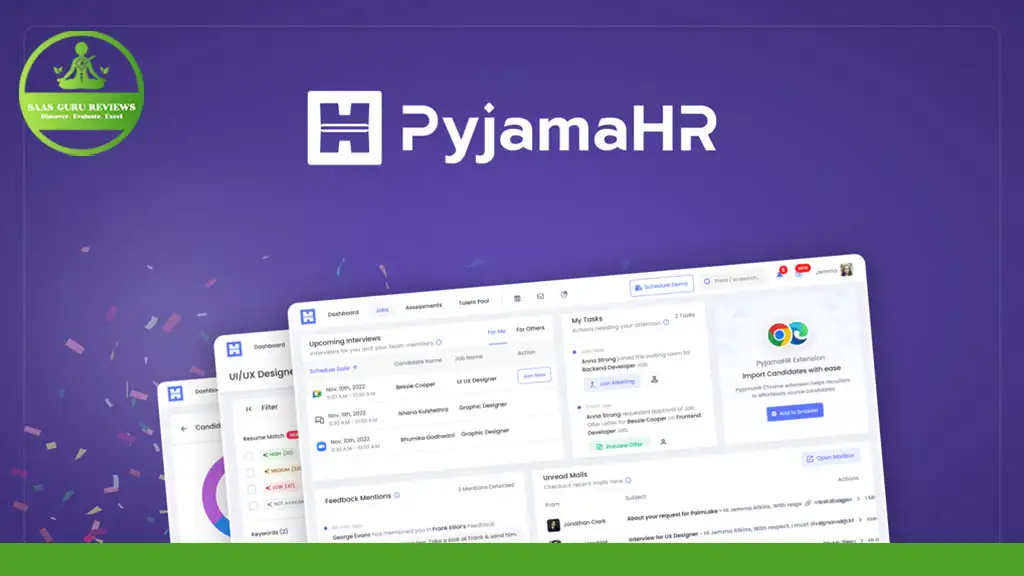 Screenshot of PyjamaHR software interface showing various dashboard elements and tasks, with LinkedIn integration and ATS features prominently displayed, along with a logo and SaaS Guru Reviews badge highlighting it as a leader in ease of use, customer support, and cost.