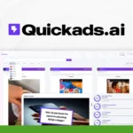 A screenshot of the Quickads.ai platform is displayed on a computer screen, showcasing various social media ad mockups. The Quickads.ai logo is prominent at the top right, and a "SaaS Guru Reviews" badge is on the top left. Highlighted features include an advanced AI Ad Generator for seamless ad creation and smart pricing options.