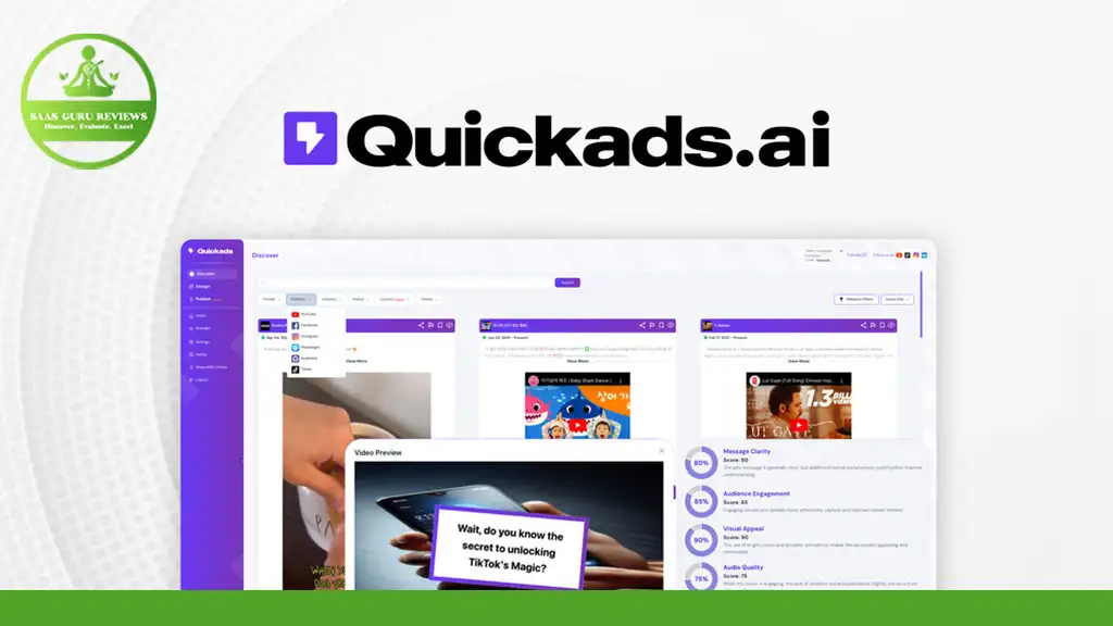 A screenshot of the Quickads.ai platform is displayed on a computer screen, showcasing various social media ad mockups. The Quickads.ai logo is prominent at the top right, and a "SaaS Guru Reviews" badge is on the top left. Highlighted features include an advanced AI Ad Generator for seamless ad creation and smart pricing options.