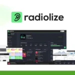 The Radiolize interface, perfect for managing an online radio station tool, features various sections, graphs, and panels against a clean white background. The logo is prominently centered at the top.
