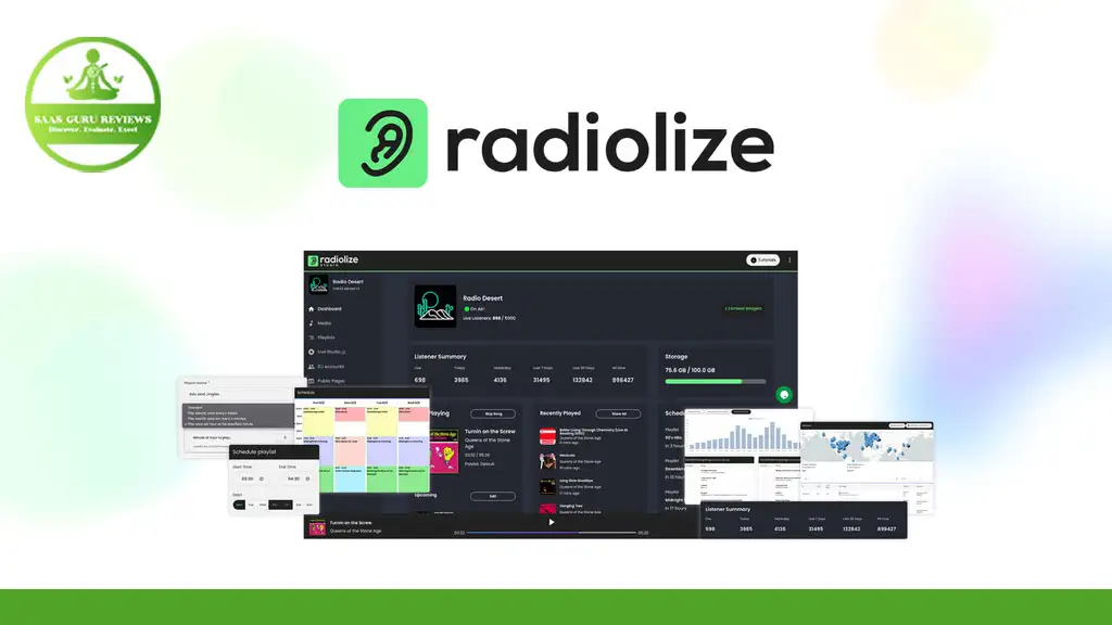 The Radiolize interface, perfect for managing an online radio station tool, features various sections, graphs, and panels against a clean white background. The logo is prominently centered at the top.