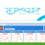 Screenshot of the Reportz dashboard displaying KPIs & analytics for Google Ads, including interactions, clicks, impressions, and CTR. A "SaaS Guru Reviews" logo is visible at the top left, highlighting the marketing potential of this comprehensive tool.