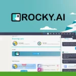 A screenshot of Rocky AI's user interface, an AI coaching app focused on personal development. It showcases conversational features, user progress, and interactive elements. The background highlights a mountain with a flag at the peak.