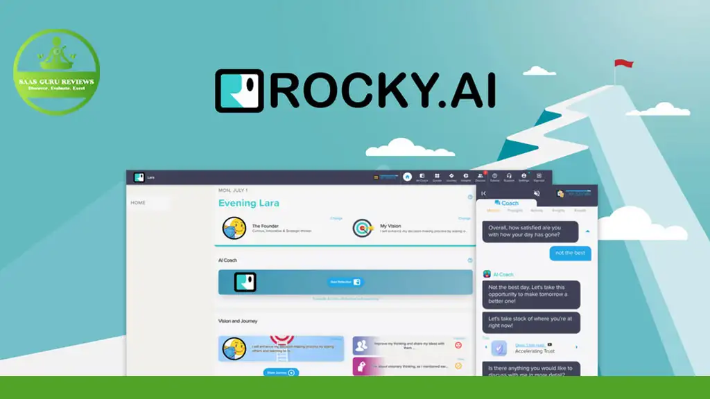 A screenshot of Rocky AI's user interface, an AI coaching app focused on personal development. It showcases conversational features, user progress, and interactive elements. The background highlights a mountain with a flag at the peak.