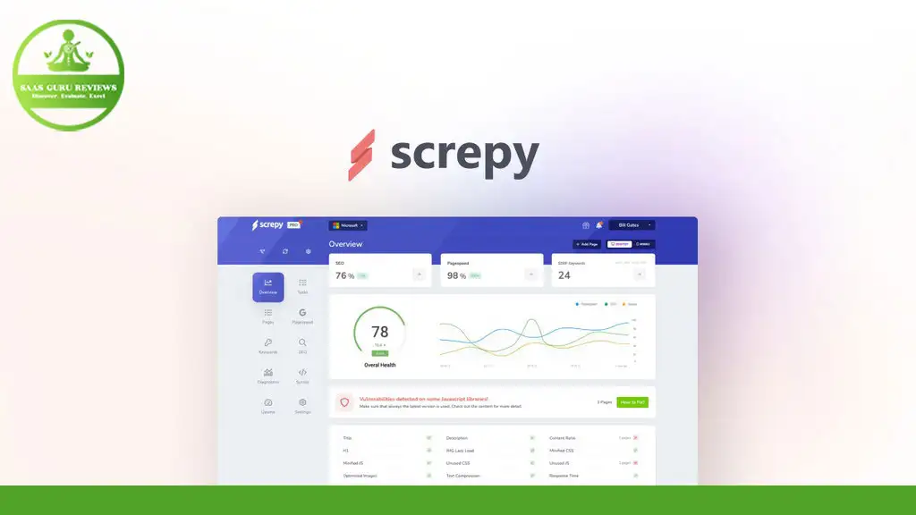 Screenshot of Screpy dashboard displaying various website analytics, including scores for website health, performance, and numerous graphs and metrics on a desktop interface. Discover AI Powered Insights in our 2024 Screpy Review for enhanced SEO strategies and optimal web performance.