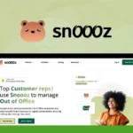 A webpage displaying the Snoooz software homepage, which manages out-of-office responses with personalized email replies through Snoooz AI. The page features a bear logo, text about customer reps, and a smiling person holding a phone. Benefits icons are shown.