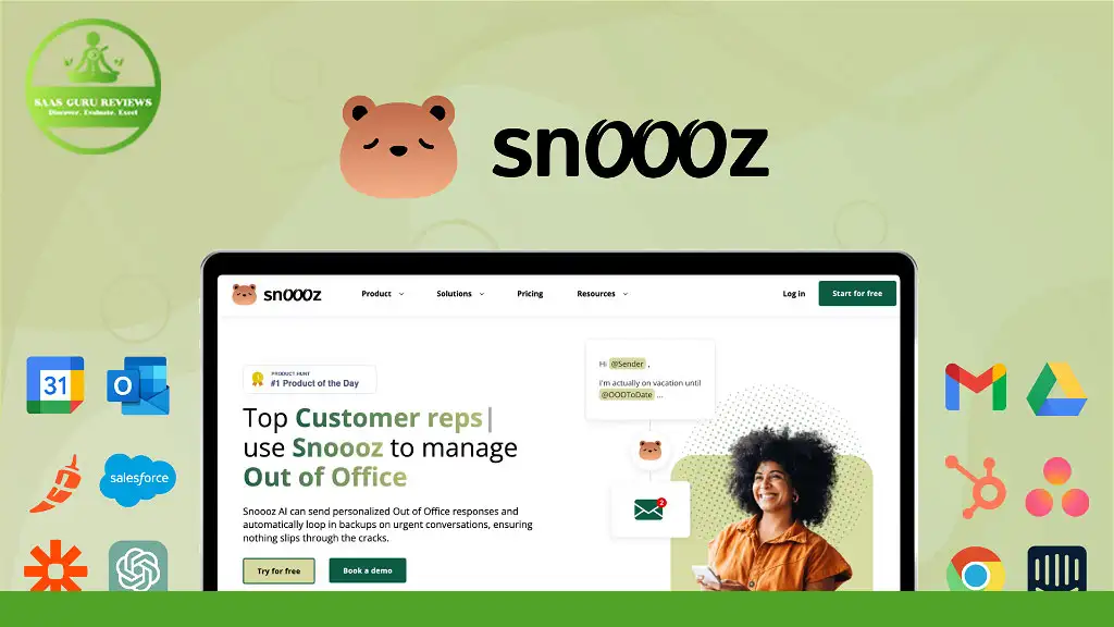 A webpage displaying the Snoooz software homepage, which manages out-of-office responses with personalized email replies through Snoooz AI. The page features a bear logo, text about customer reps, and a smiling person holding a phone. Benefits icons are shown.