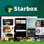 Screen displaying Starbox Pro application with options for social media previews, filters, and customization tools. Logos and images are featured at the bottom.