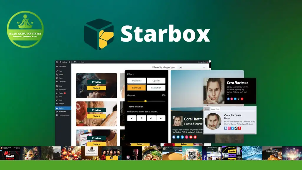 Screen displaying Starbox Pro application with options for social media previews, filters, and customization tools. Logos and images are featured at the bottom.