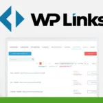 A computer screen displays the WP Links Plugin dashboard interface with various options. The WP Links logo and the logo of Kali Guru Reviews are visible above the screen, showcasing tools for Adding Links on WordPress sites.