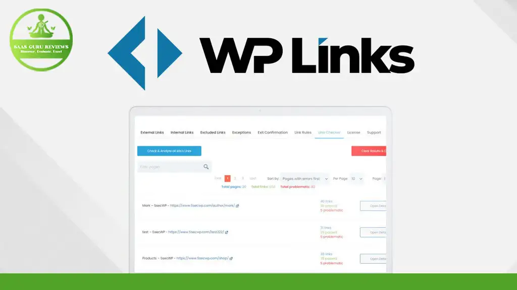 A computer screen displays the WP Links Plugin dashboard interface with various options. The WP Links logo and the logo of Kali Guru Reviews are visible above the screen, showcasing tools for Adding Links on WordPress sites.