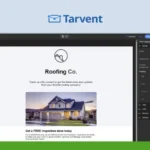 A computer screen displays a design software interface showcasing a website template for a roofing company. A green logo on the left corner features "6.8/5 STAR REVIEWS." The top center indicates "Tarvent." Details about Tarvent pricing and reviews are prominently highlighted to attract users.