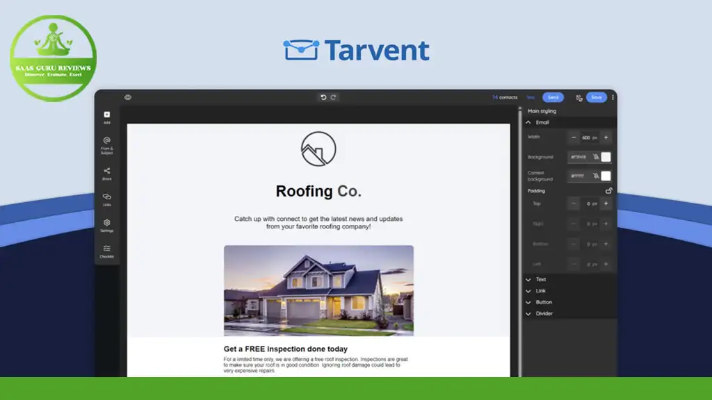 A computer screen displays a design software interface showcasing a website template for a roofing company. A green logo on the left corner features "6.8/5 STAR REVIEWS." The top center indicates "Tarvent." Details about Tarvent pricing and reviews are prominently highlighted to attract users.